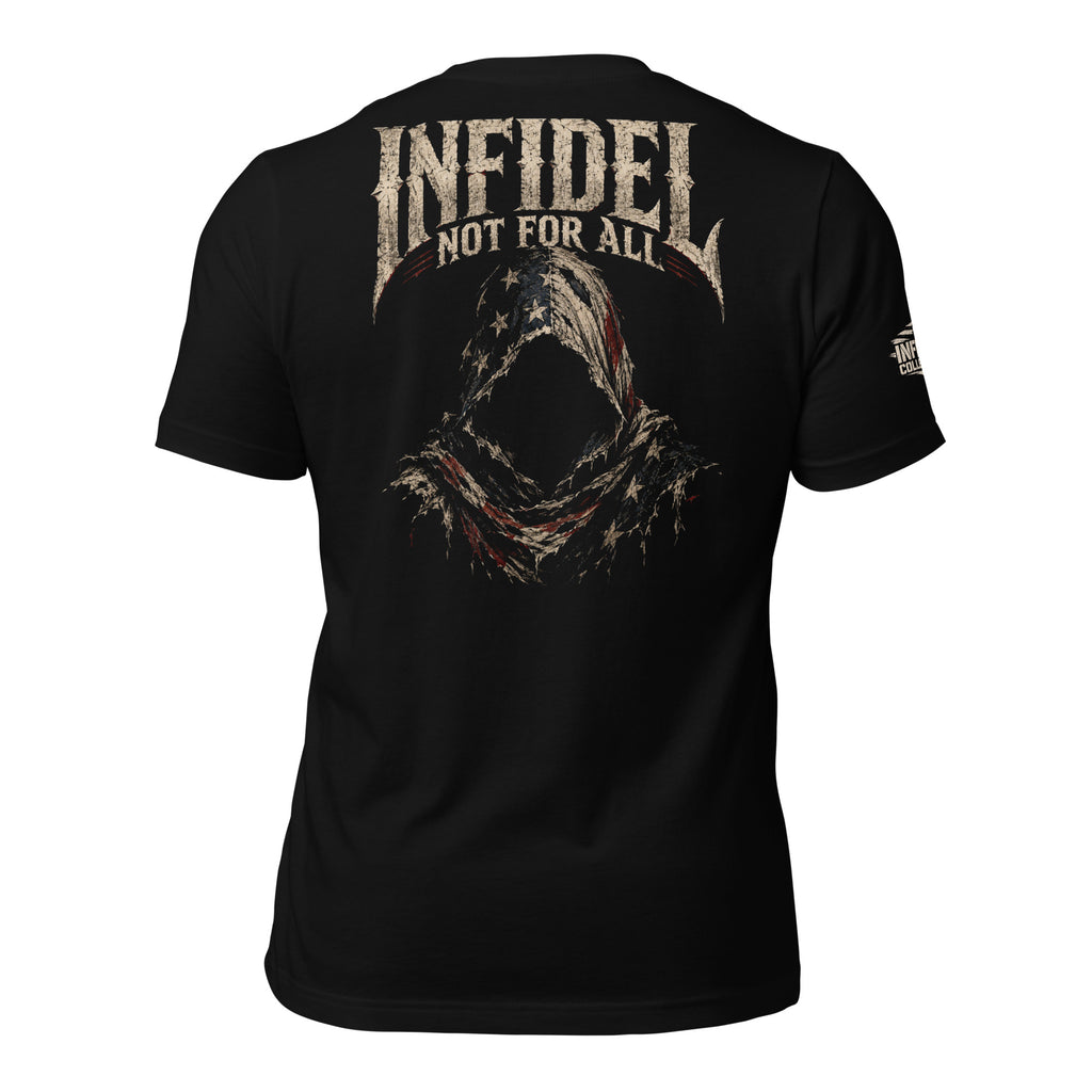 Infidel Not for All hooded reaper back print black tee from Infidel Collective