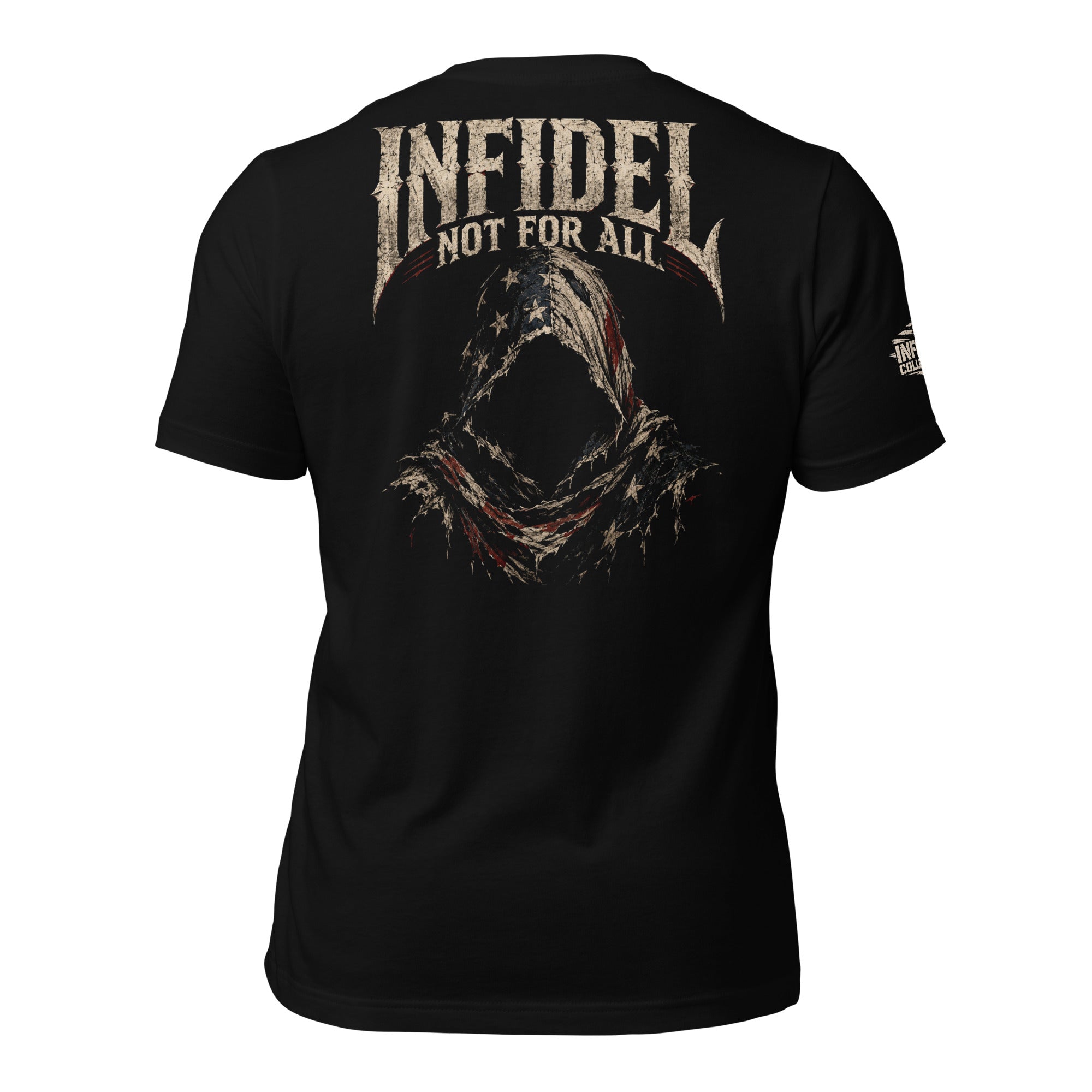 Infidel Not for All hooded reaper back print black tee from Infidel Collective