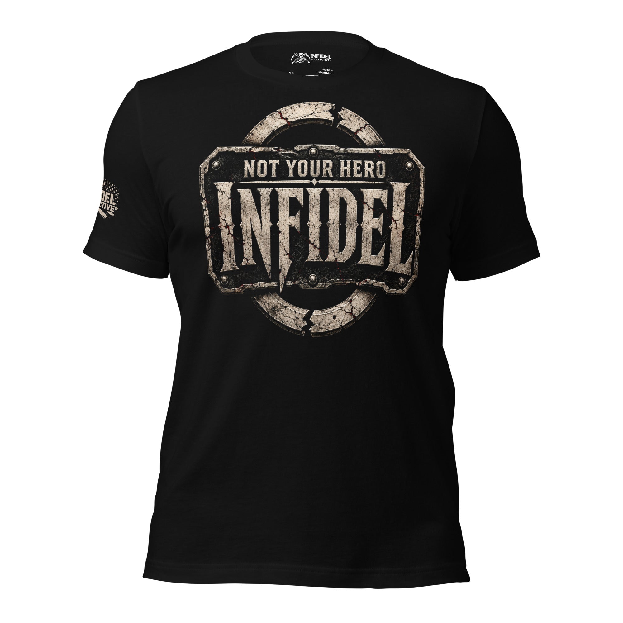 Infidel Not Your Hero steel plate front print black tee from Infidel Collective