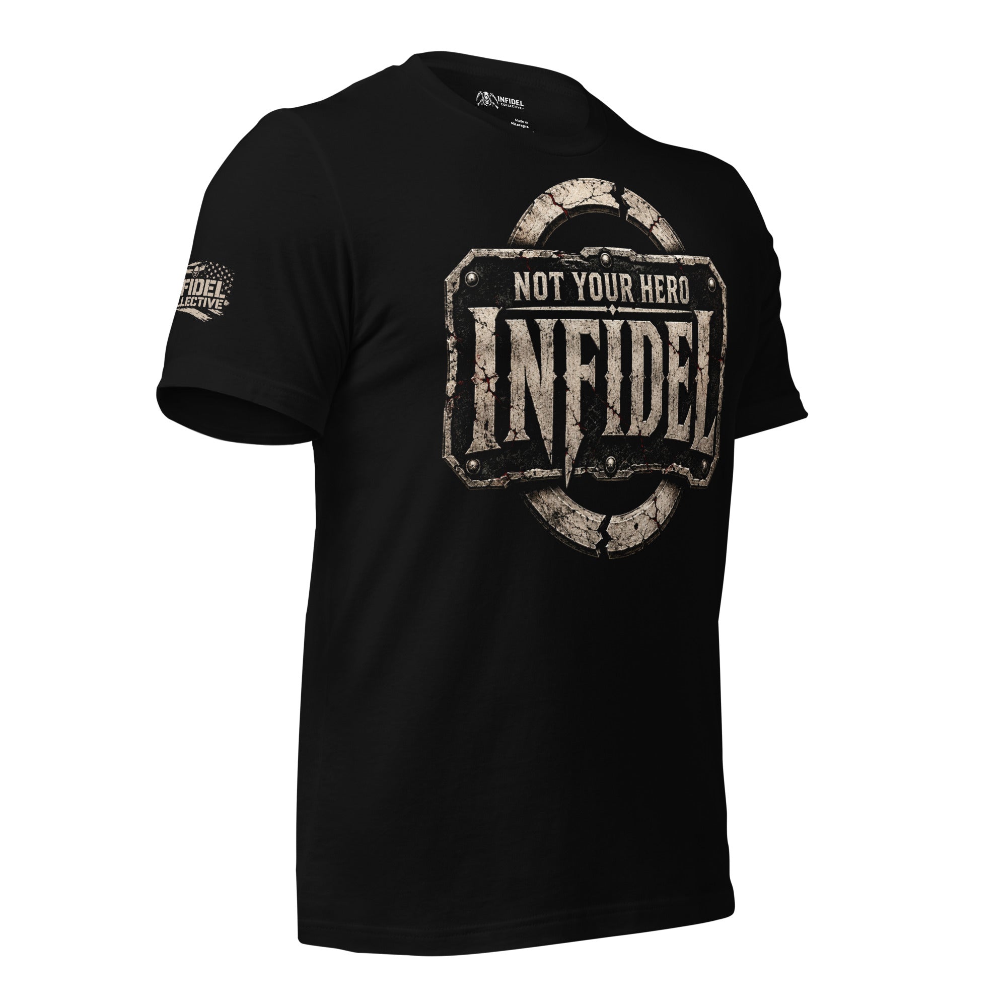 Infidel Not Your Hero steel plate front print black tee from Infidel Collective