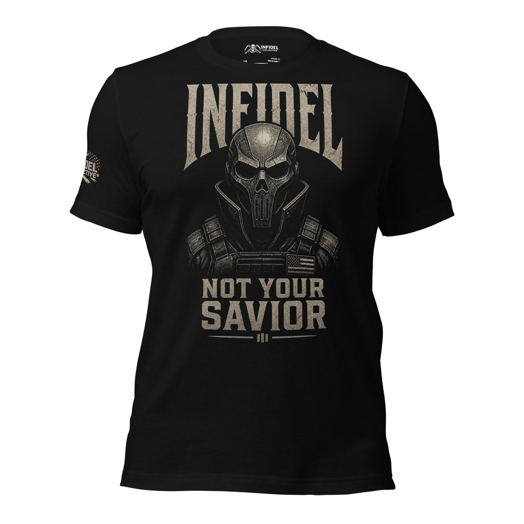 Infidel Not Your Savior armored death mask back print black tee from Infidel Collective