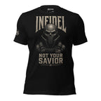 Infidel Not Your Savior armored death mask back print black tee from Infidel Collective