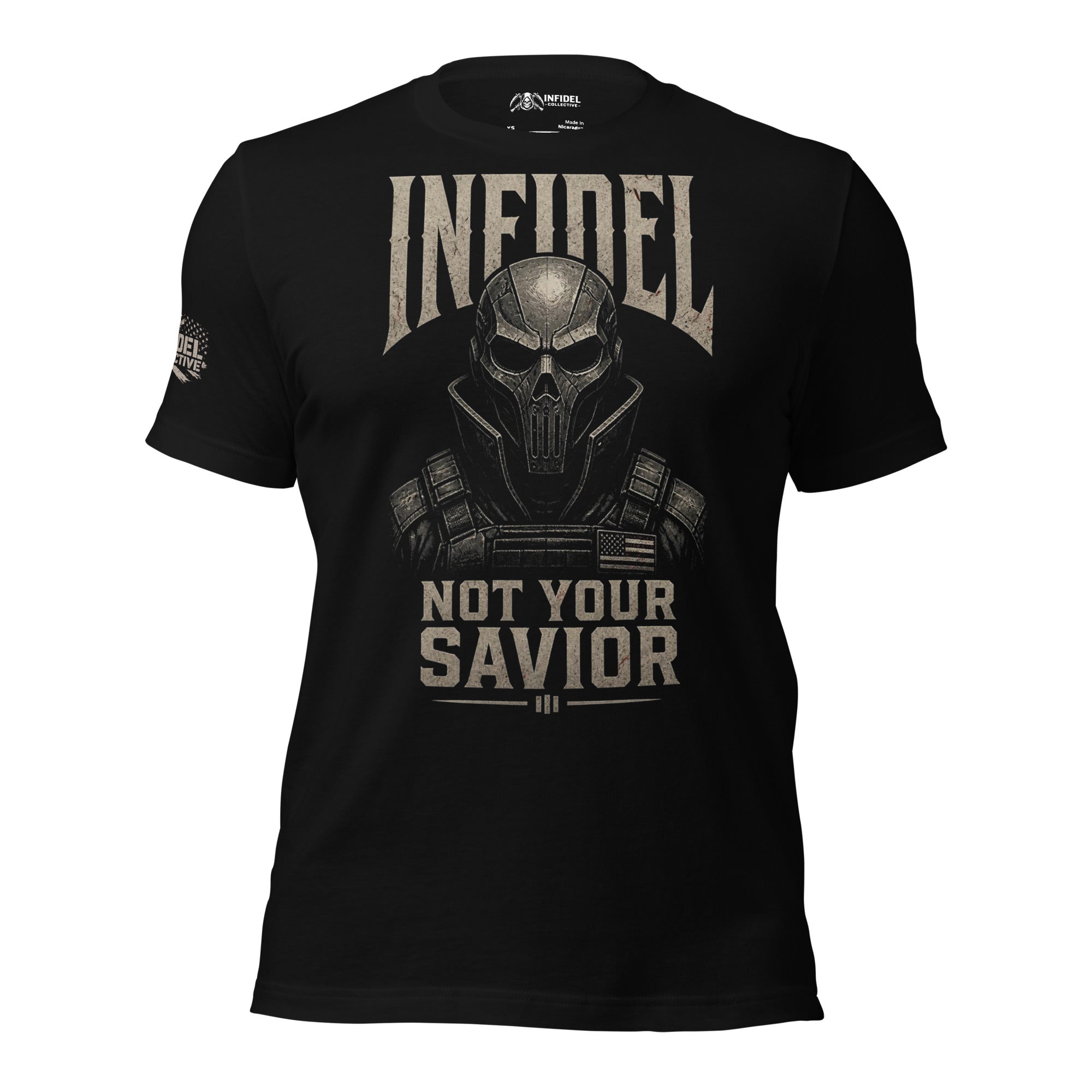 Infidel Not Your Savior armored death mask back print black tee from Infidel Collective