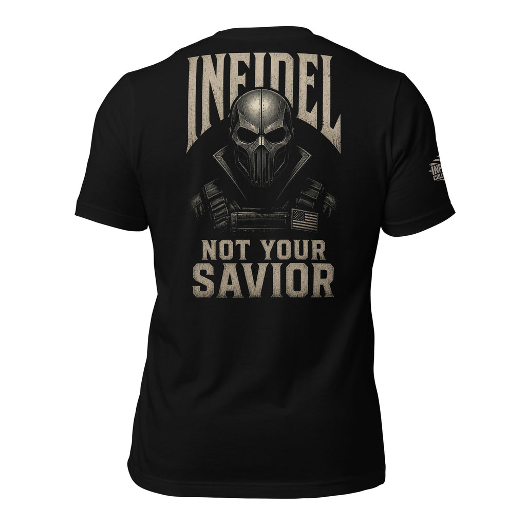 Infidel Not Your Savior death mask back print black tee from Infidel Collective