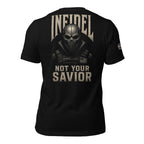 Infidel Not Your Savior death mask back print black tee from Infidel Collective