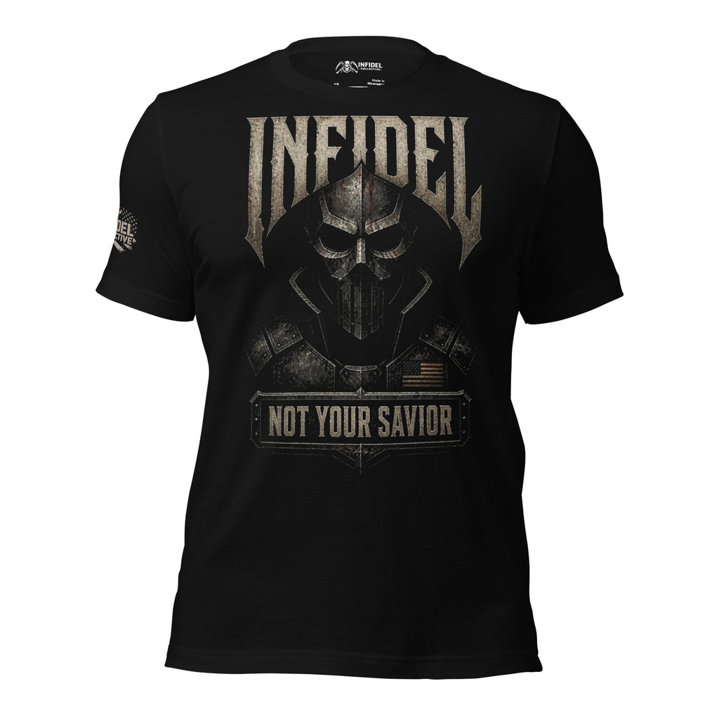 Infidel Not Your Savior death mask front print black tee from Infidel Collective