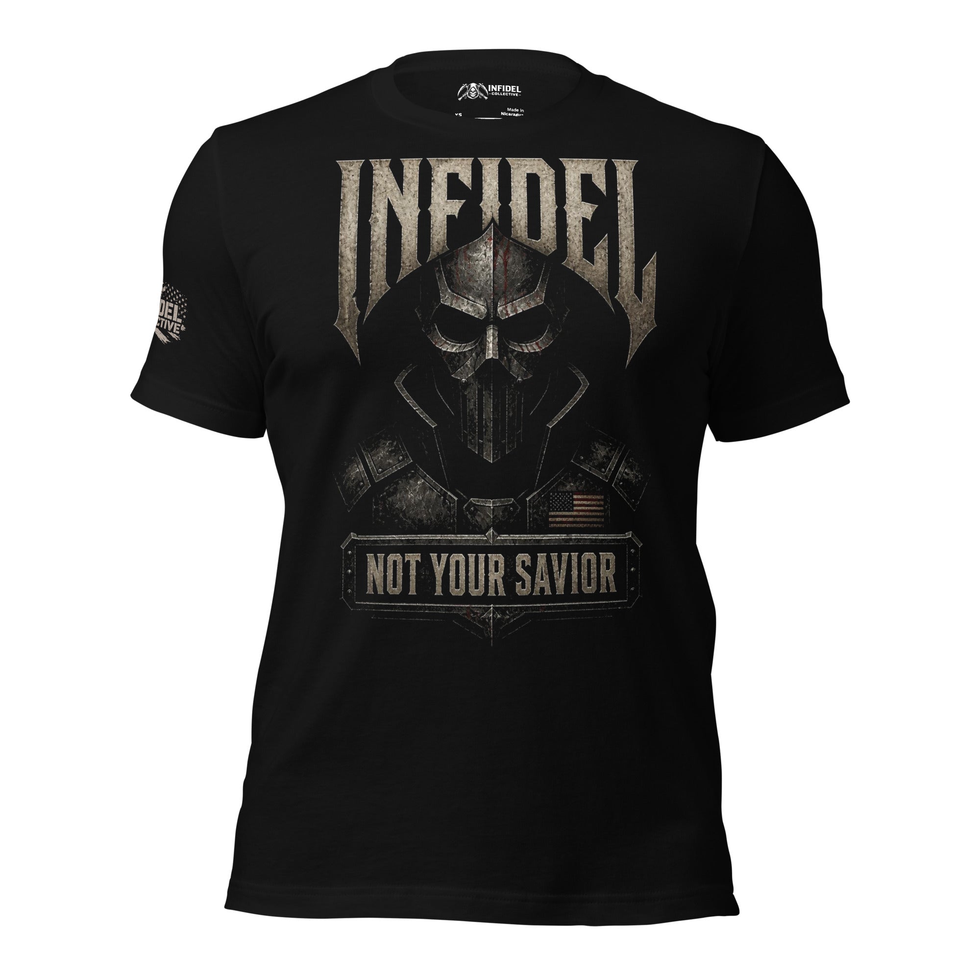 Infidel Not Your Savior death mask front print black tee from Infidel Collective