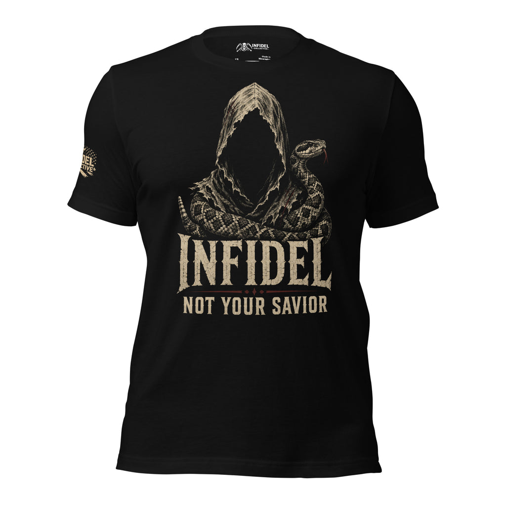 Infidel Not Your Savior hooded serpent front print black tee from Infidel Collective