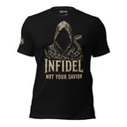 Infidel Not Your Savior hooded serpent front print black tee from Infidel Collective