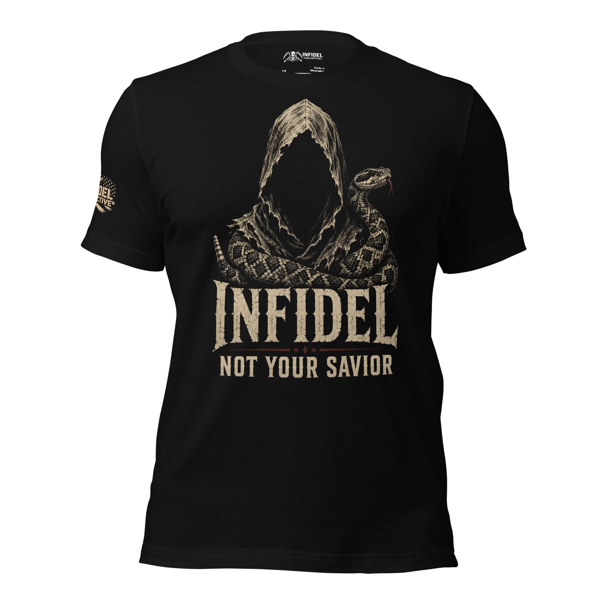 Infidel Not Your Savior hooded serpent front print black tee from Infidel Collective
