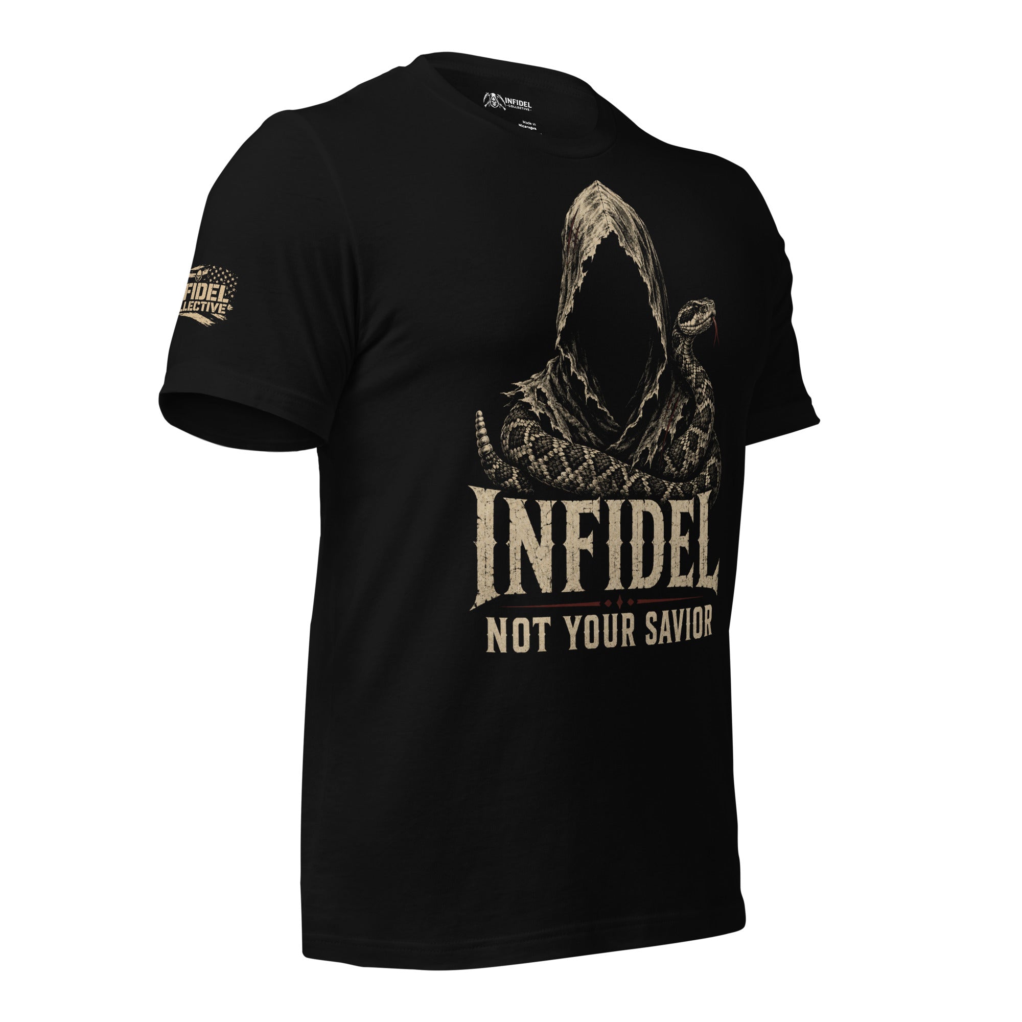 Infidel Not Your Savior hooded serpent front print black tee from Infidel Collective