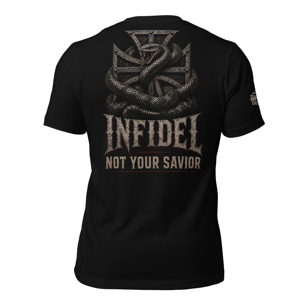Infidel Not Your Savior iron cross serpent back print black tee from Infidel Collective