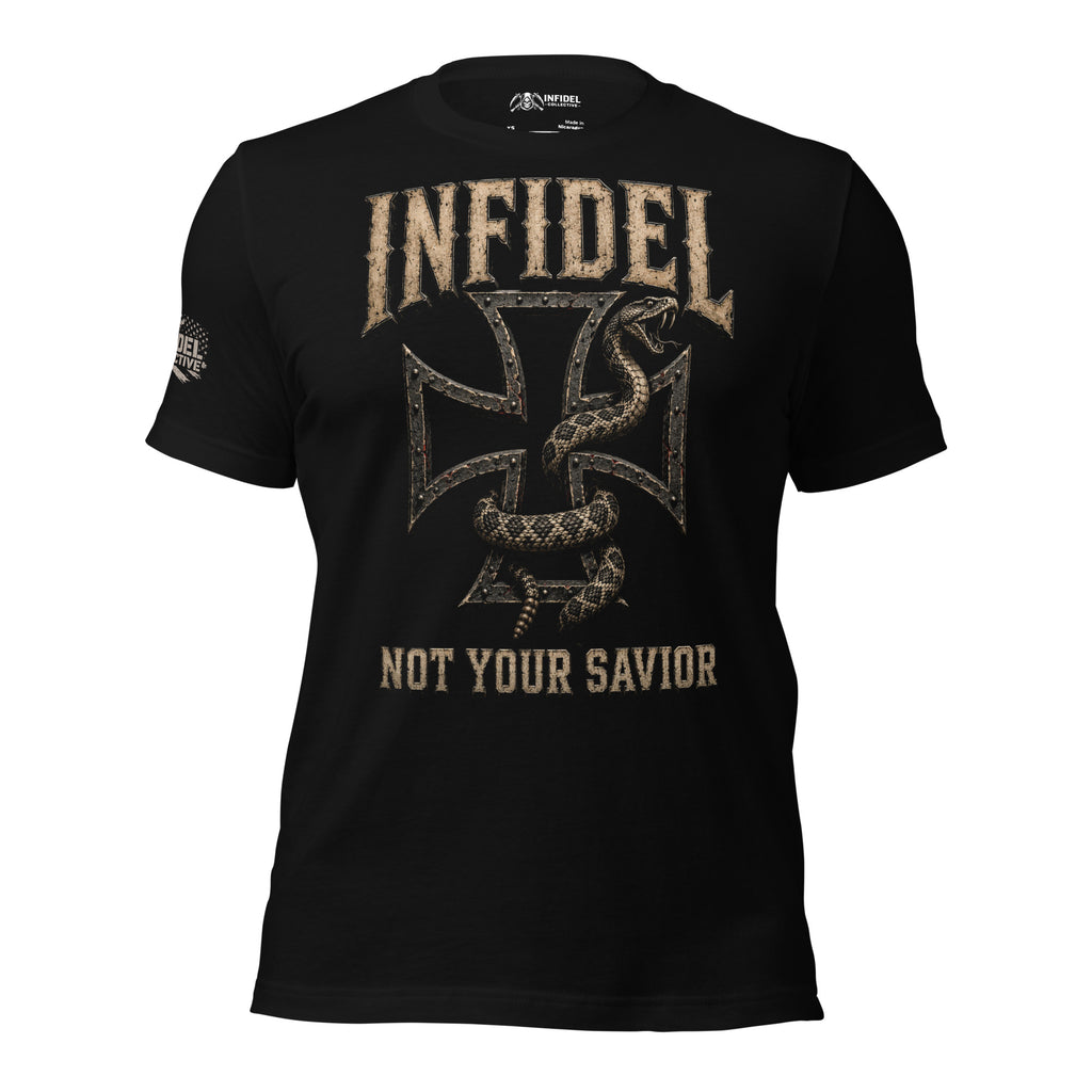 Infidel Not Your Savior iron cross serpent front print black tee from Infidel Collective