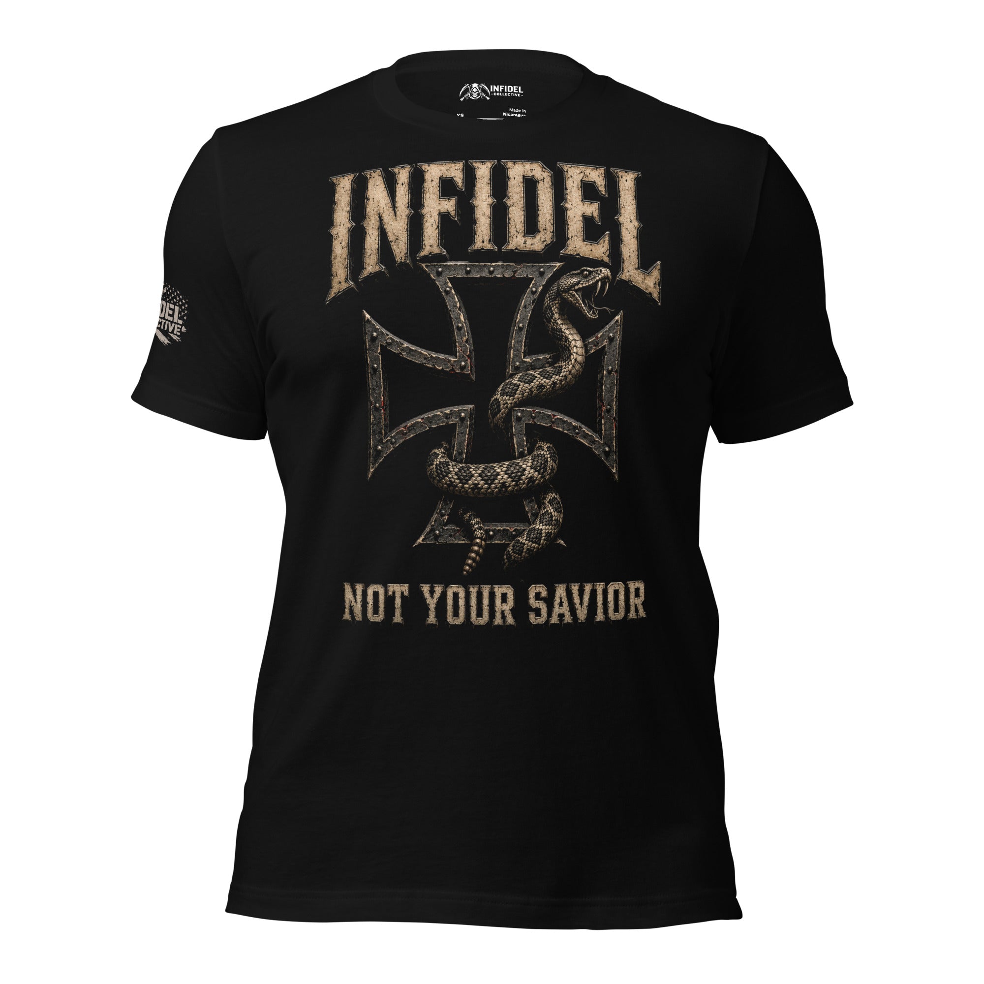 Infidel Not Your Savior iron cross serpent front print black tee from Infidel Collective