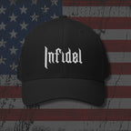 Black cap with 'Infidel' text on an American flag background
