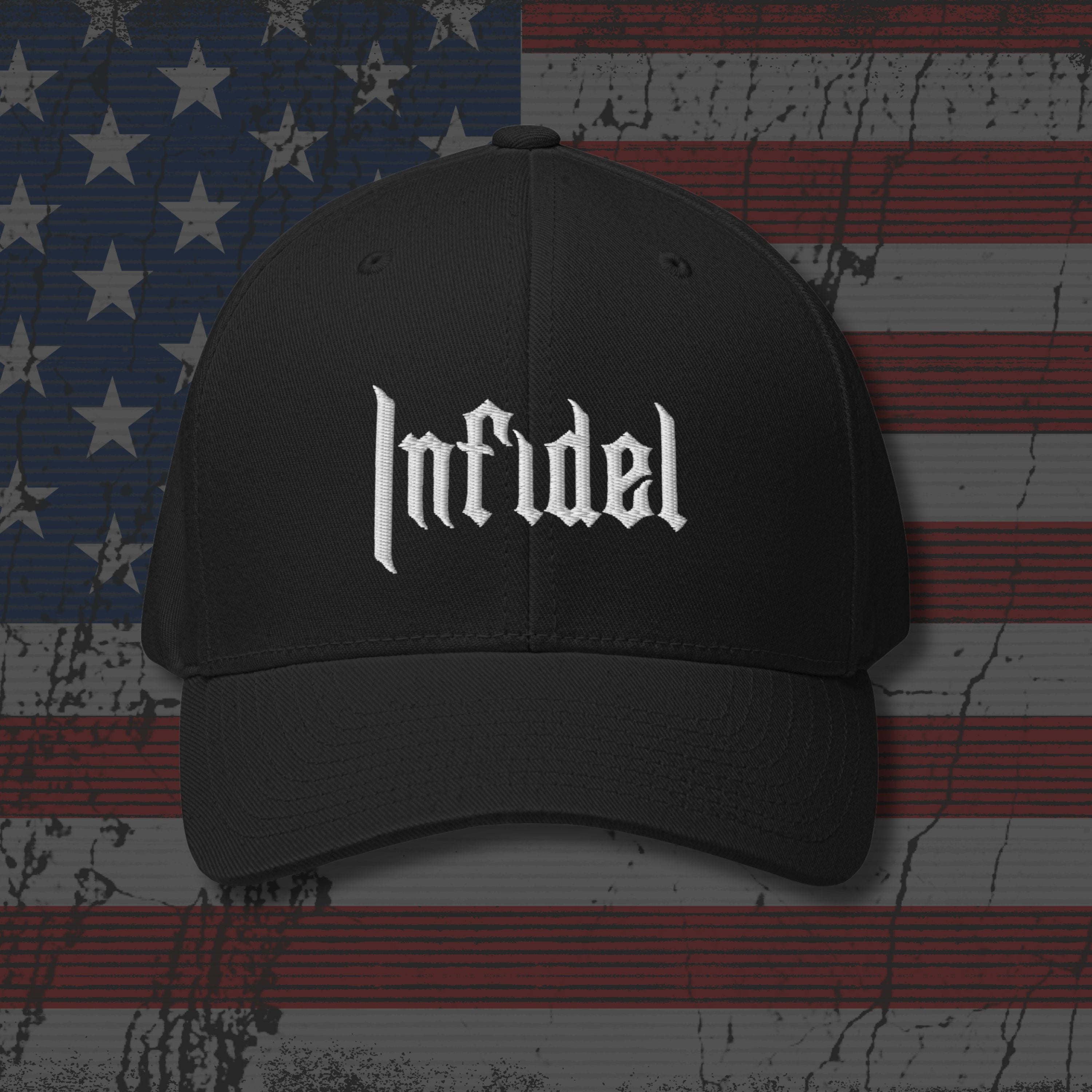Black cap with 'Infidel' text on an American flag background