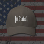 Beige cap with 'Infidel' text on an American flag background