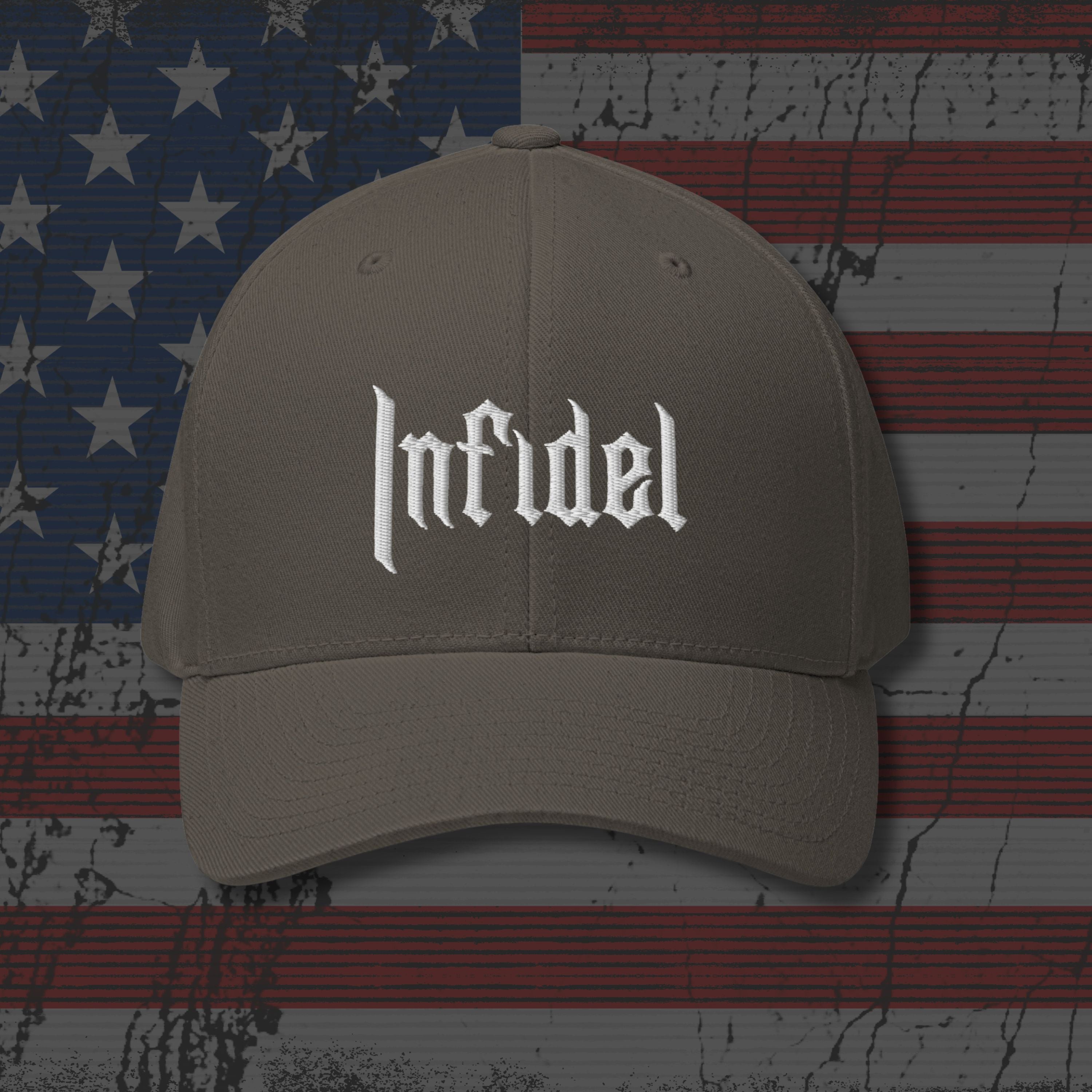 Beige cap with 'Infidel' text on an American flag background