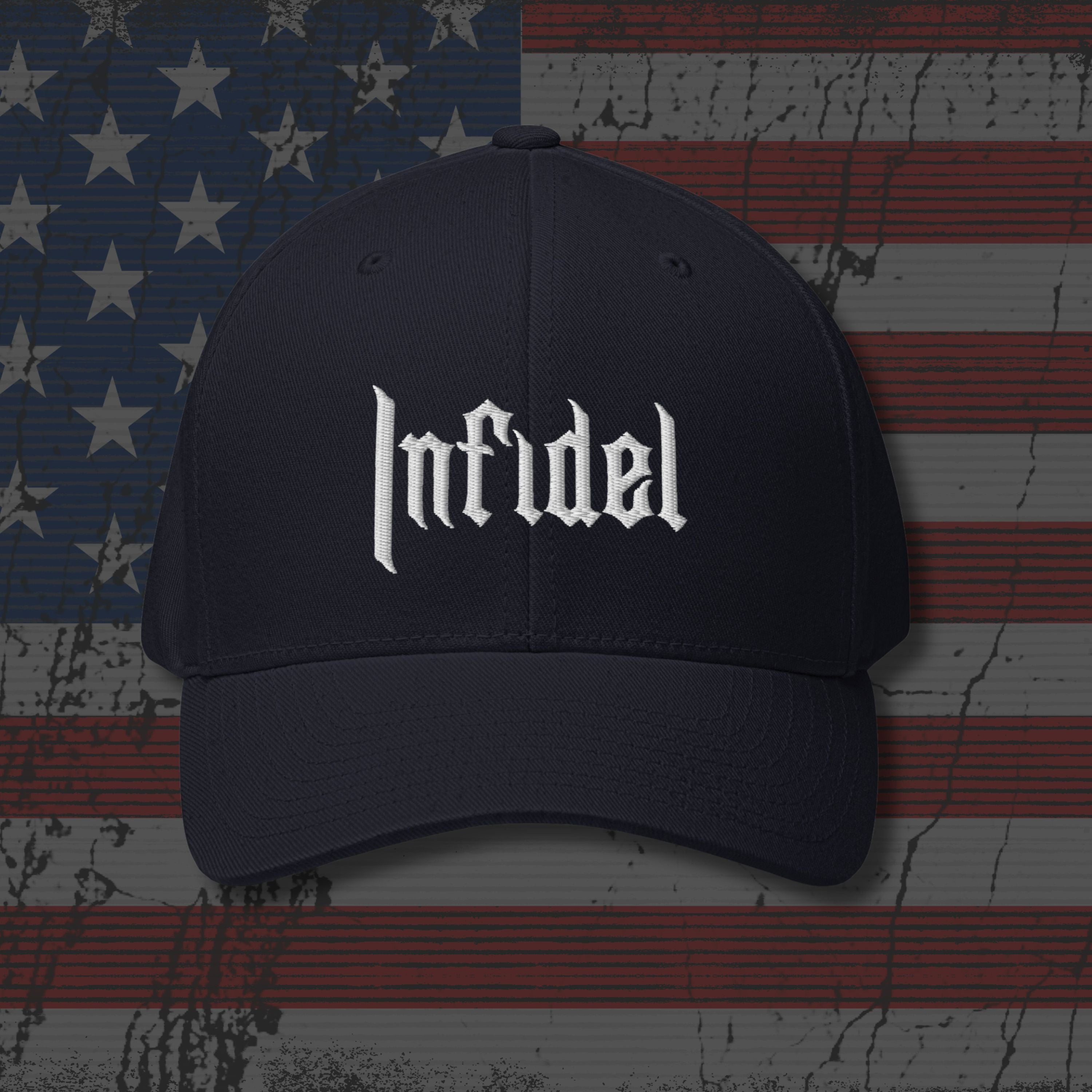 Black cap with 'Infidel' text on an American flag background