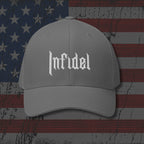 Gray cap with 'Infidel' text on an American flag background
