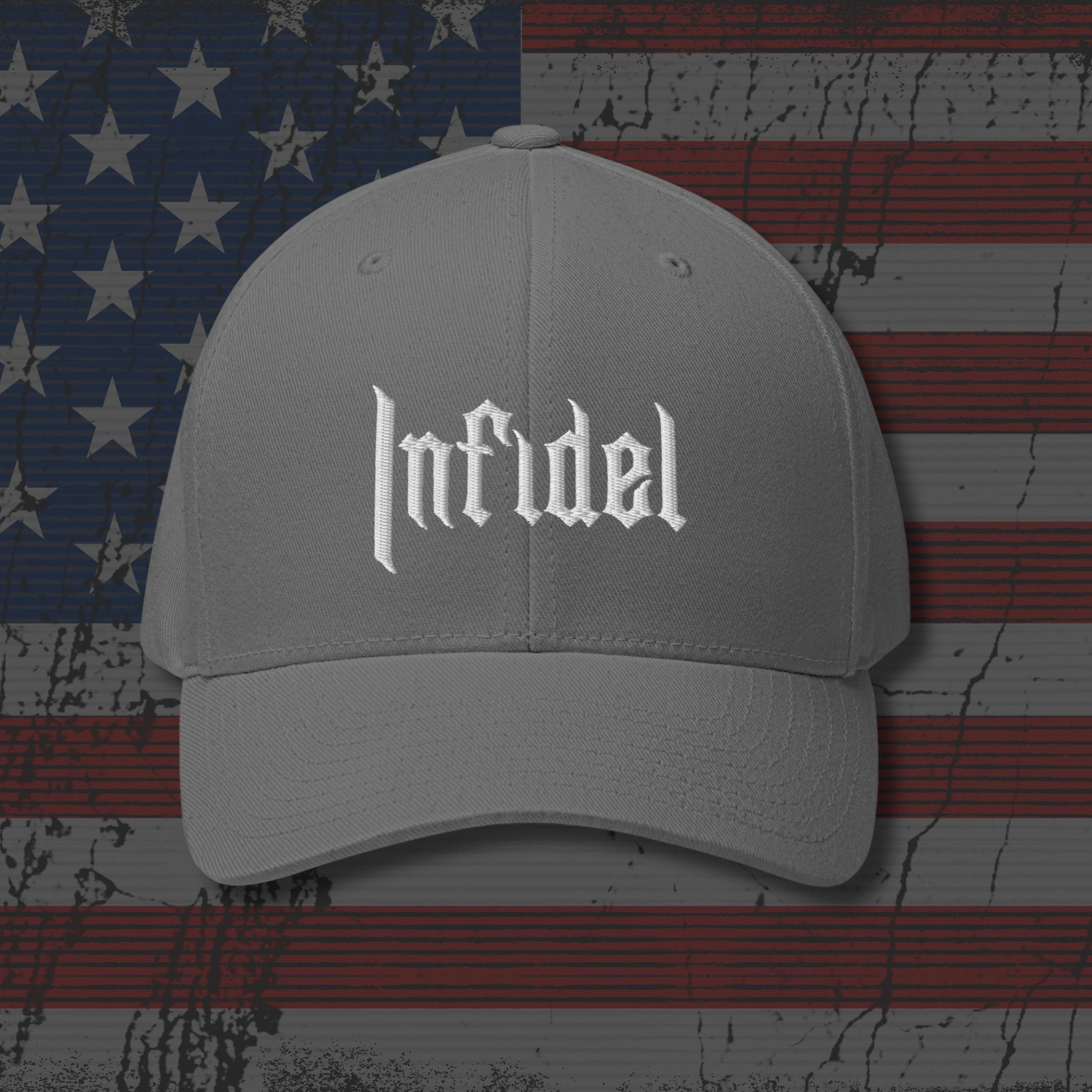 Gray cap with 'Infidel' text on an American flag background