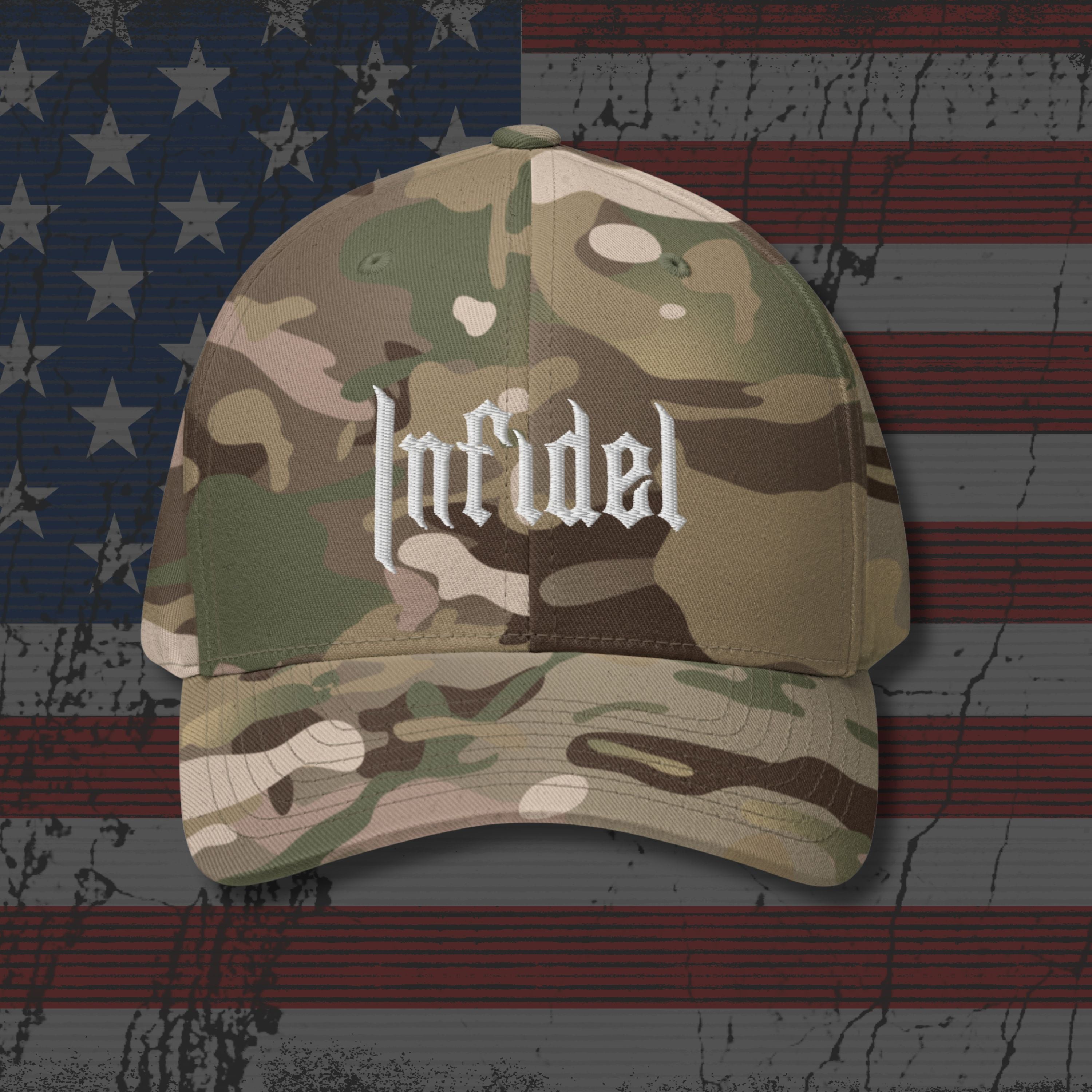 Camouflage cap with 'Infidel' text on an American flag background