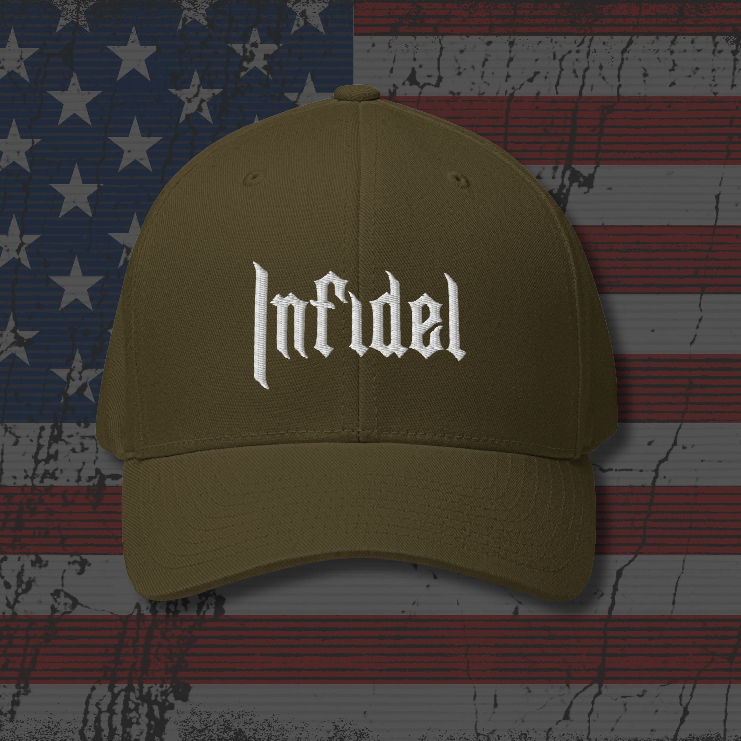 Brown cap with 'Infidel' text on an American flag background