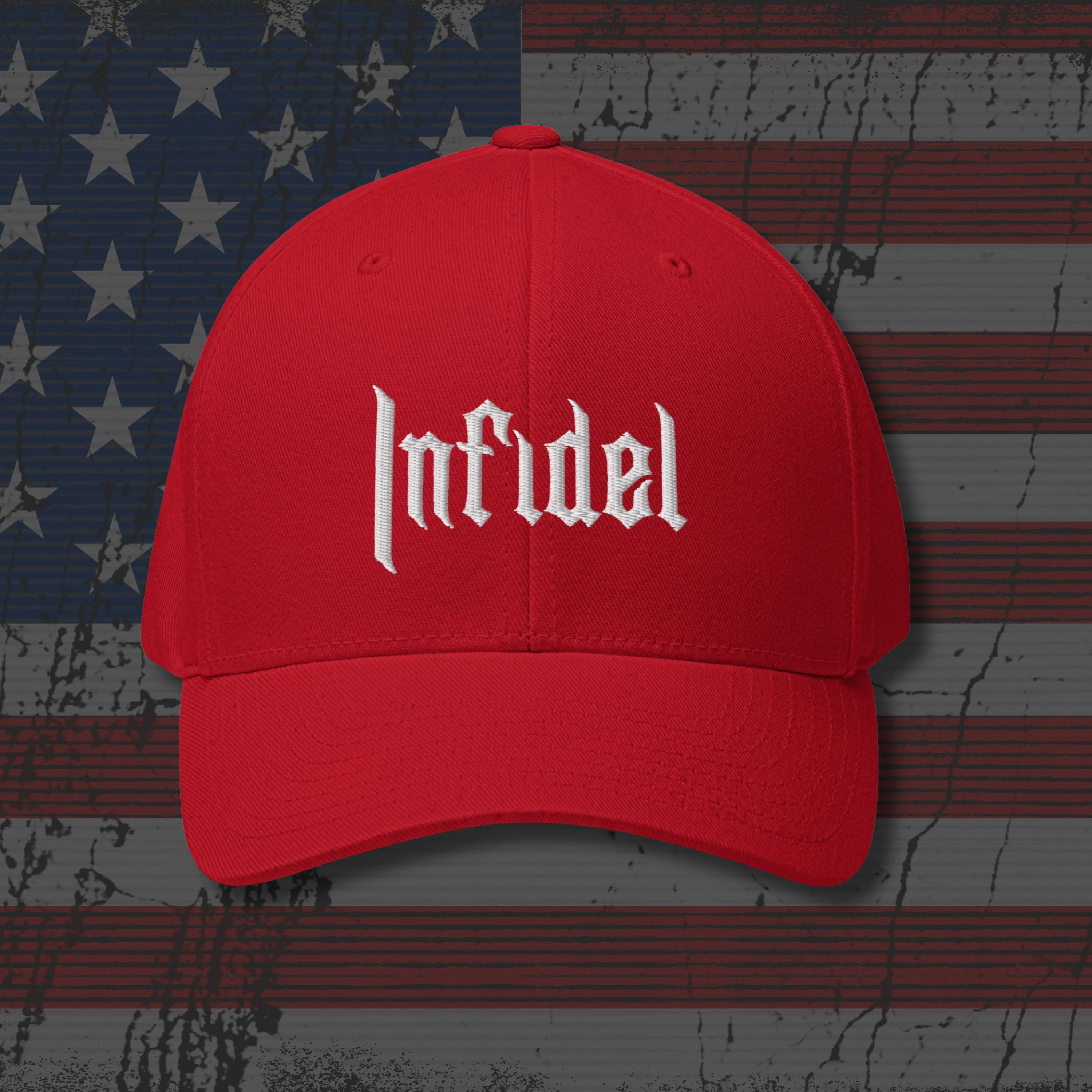 Red cap with 'Infidel' text on an American flag background
