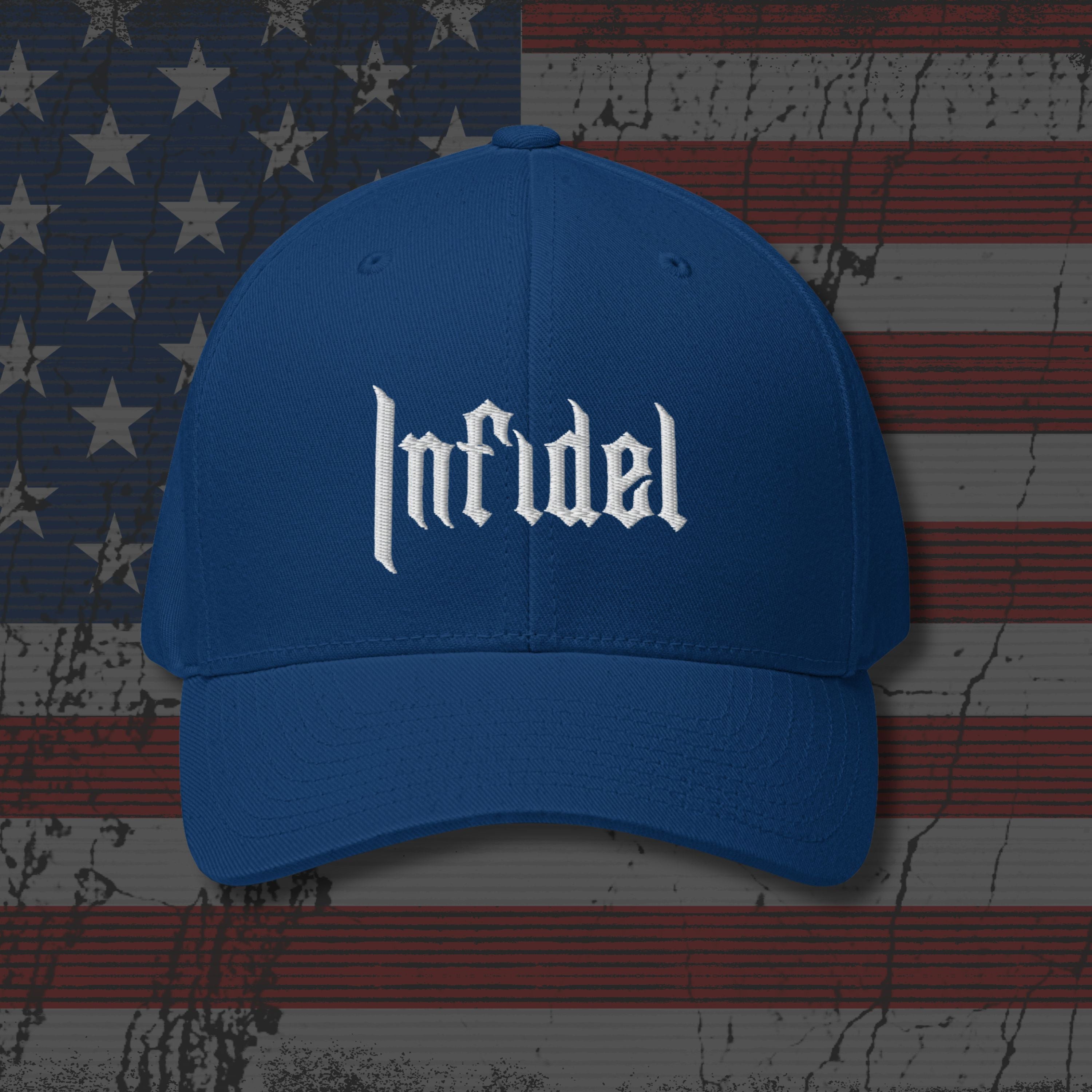 Blue cap with 'Infidel' text on an American flag background