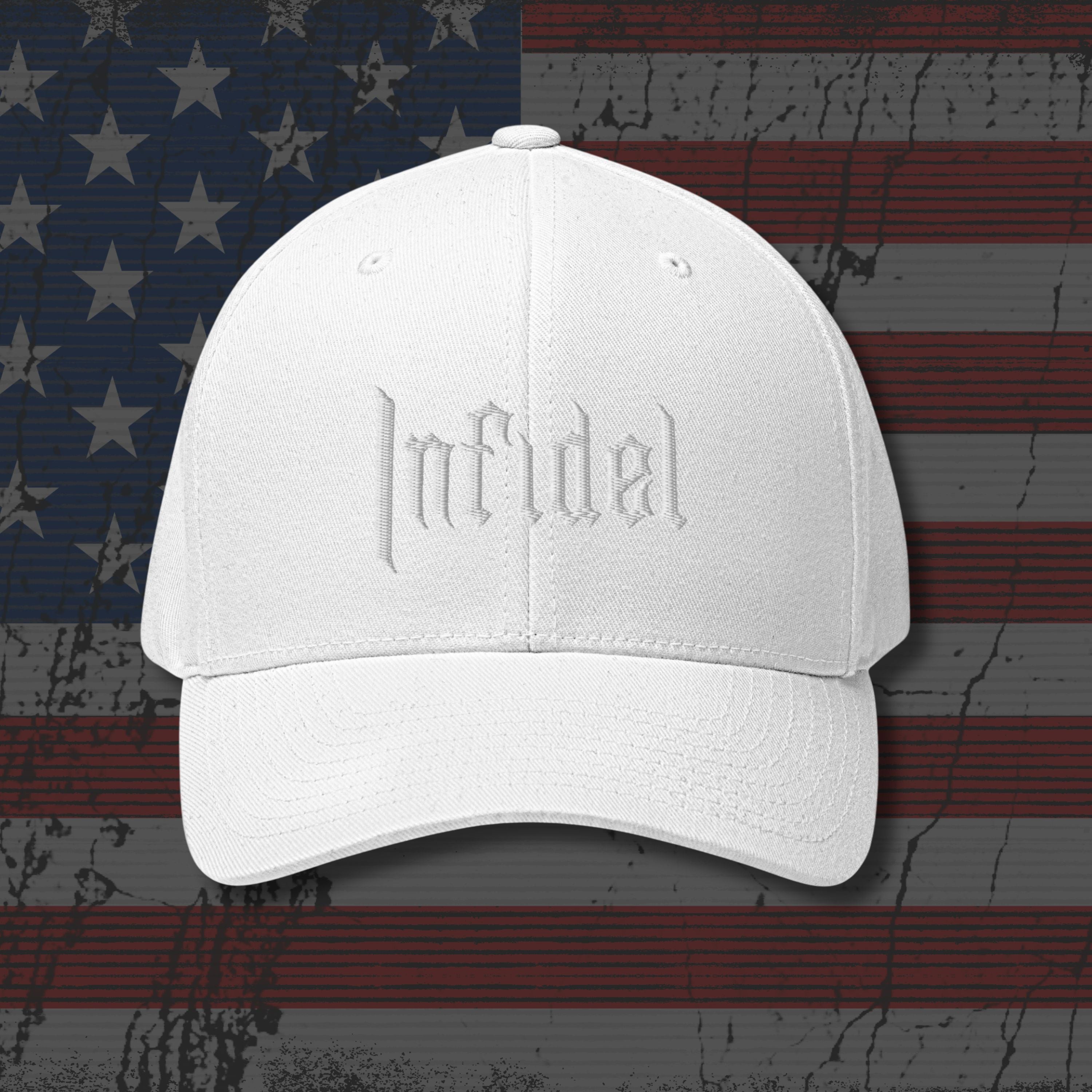 White cap with 'Infidel' text on an American flag background
