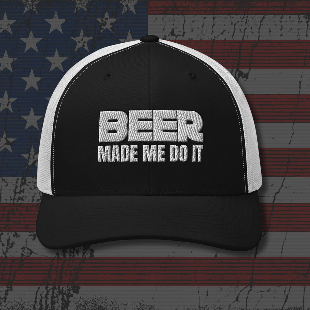Black and white cap with 'BEER MADE ME DO IT' text on an American flag background