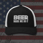 Black and white cap with 'BEER MADE ME DO IT' text on an American flag background