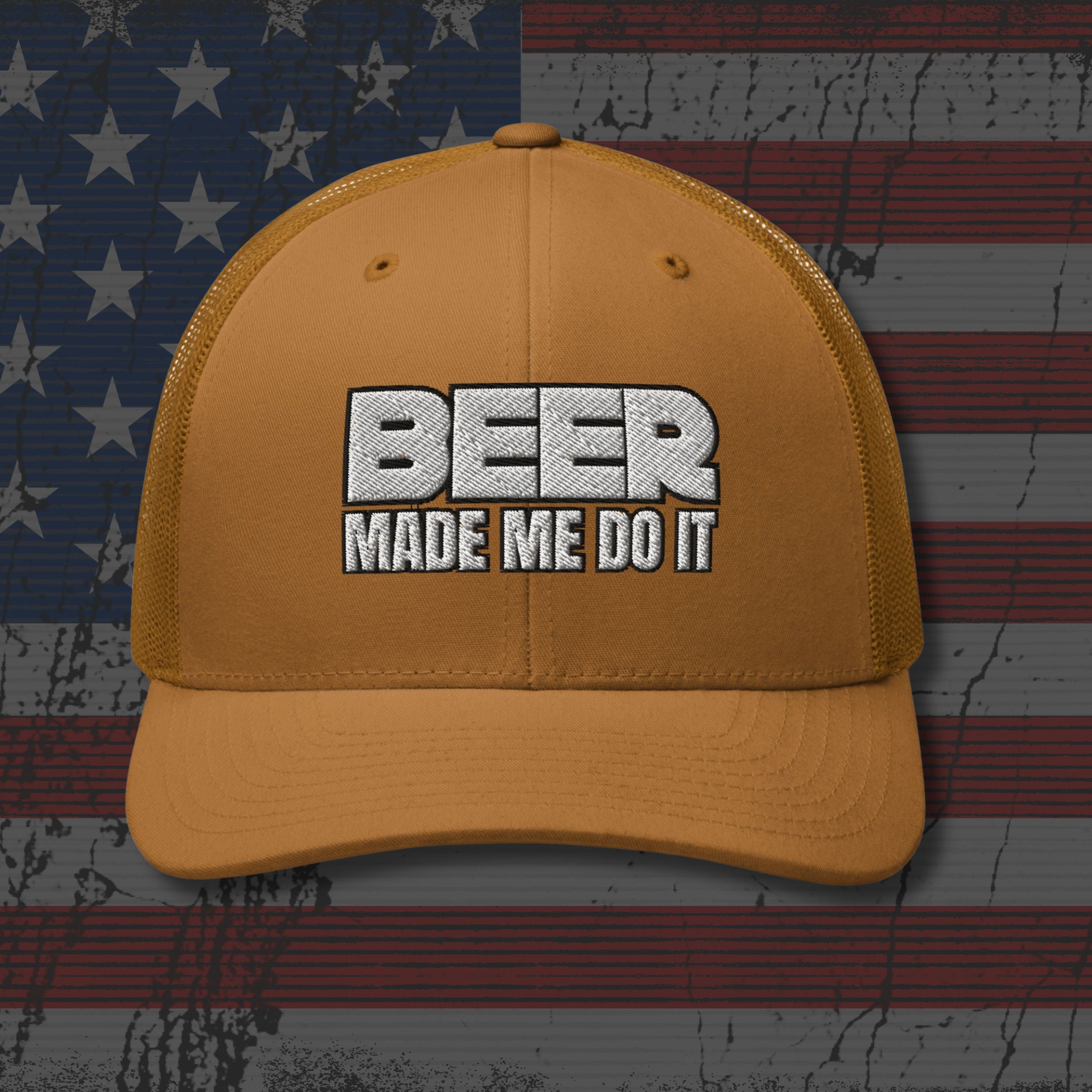 Yellow cap with 'BEER MADE ME DO IT' text on an American flag background