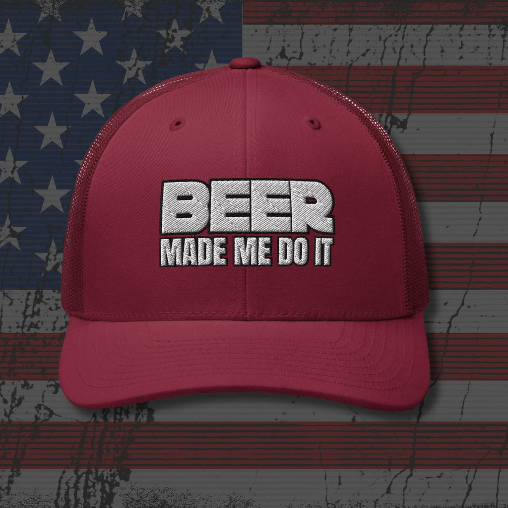 Red cap with 'BEER MADE ME DO IT' text on an American flag background