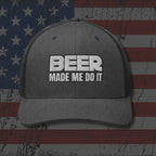 Gray cap with 'BEER MADE ME DO IT' text on an American flag background
