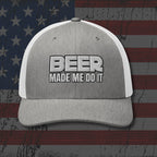 Gray and white cap with 'BEER MADE ME DO IT' text on an American flag background