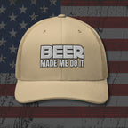 Beige cap with 'BEER MADE ME DO IT' text on an American flag background
