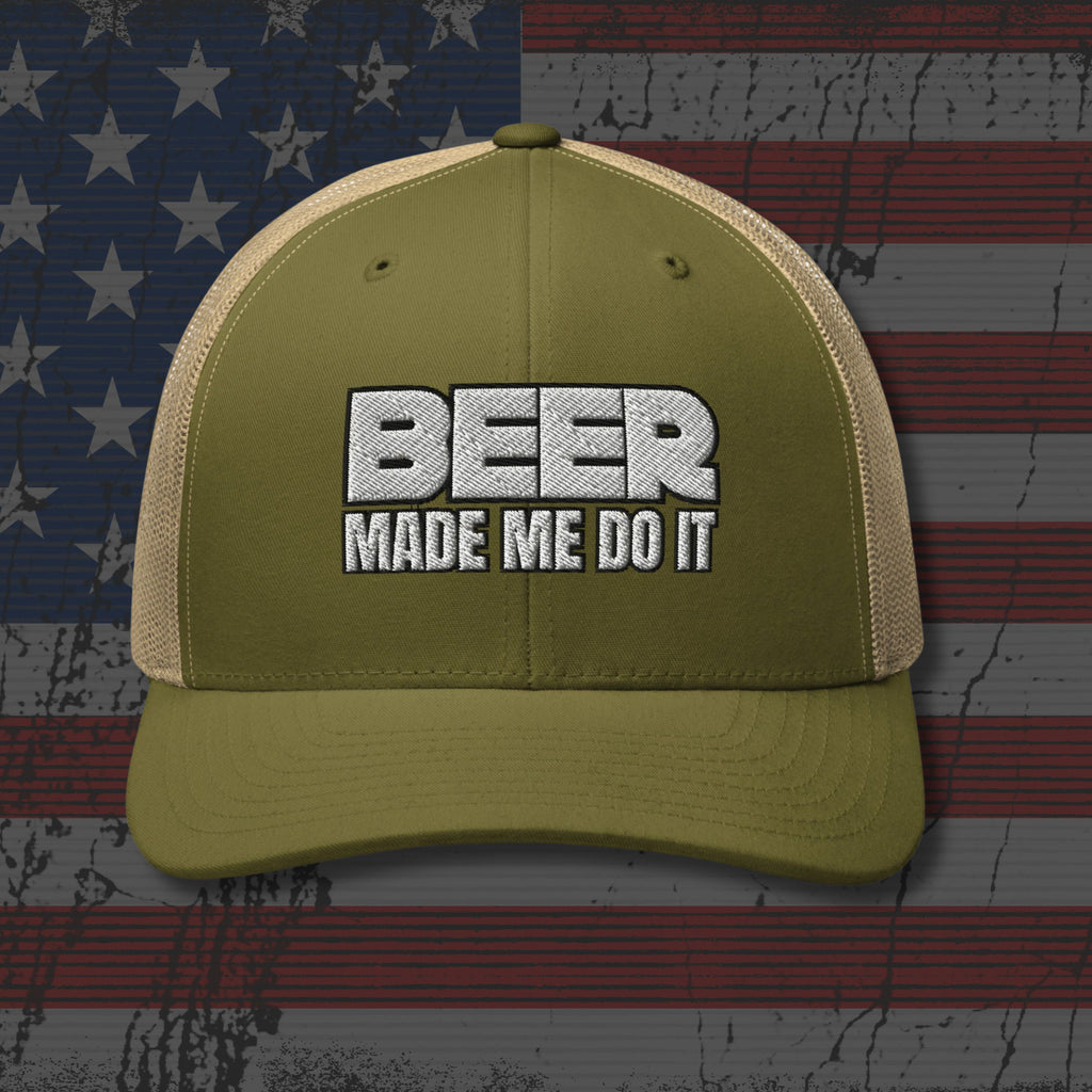 Green cap with 'BEER MADE ME DO IT' text on an American flag background