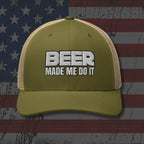 Green cap with 'BEER MADE ME DO IT' text on an American flag background