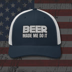 Navy and white cap with 'BEER MADE ME DO IT' text on an American flag background
