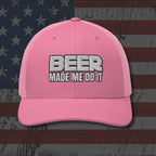 Pink cap with 'BEER MADE ME DO IT' text on an American flag background