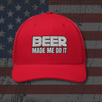 Red cap with 'BEER MADE ME DO IT' text on an American flag background