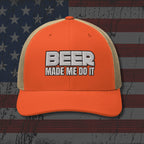 Orange cap with 'BEER MADE ME DO IT' text on an American flag background