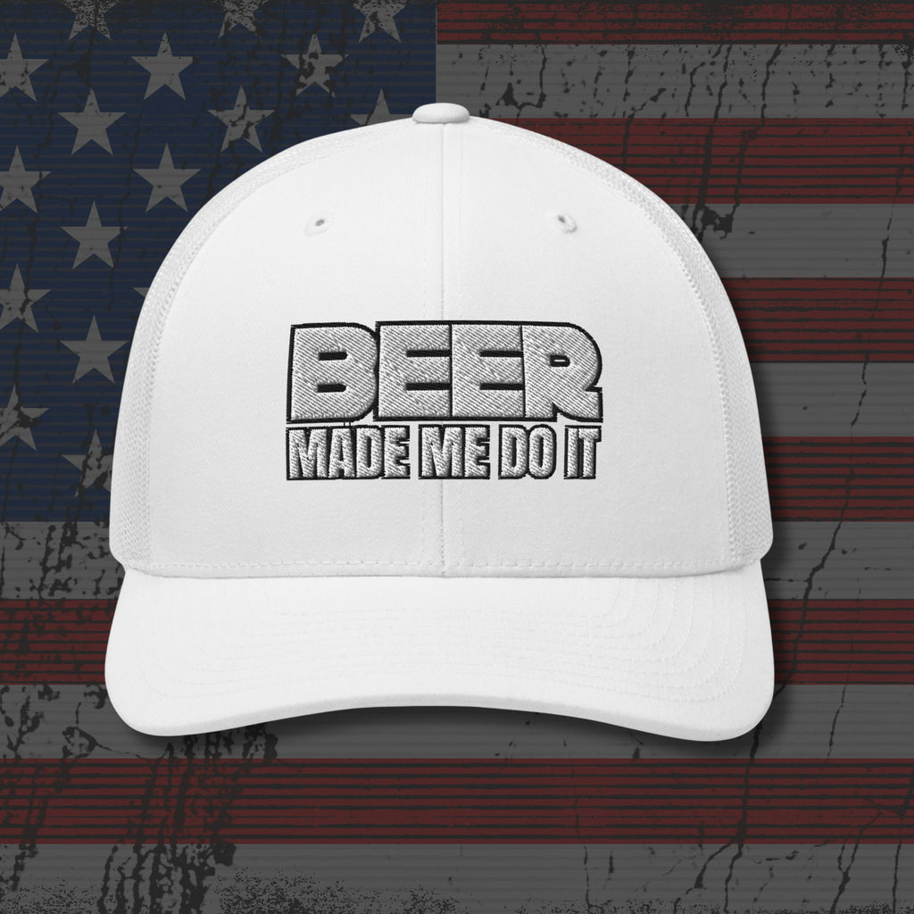 White cap with 'BEER MADE ME DO IT' text on an American flag background