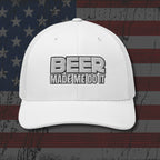 White cap with 'BEER MADE ME DO IT' text on an American flag background