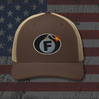 Brown cap with bomb graphic and letter 'F' on an American flag background