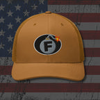Brown cap with a bomb graphic featuring the letter 'F' on an American flag background