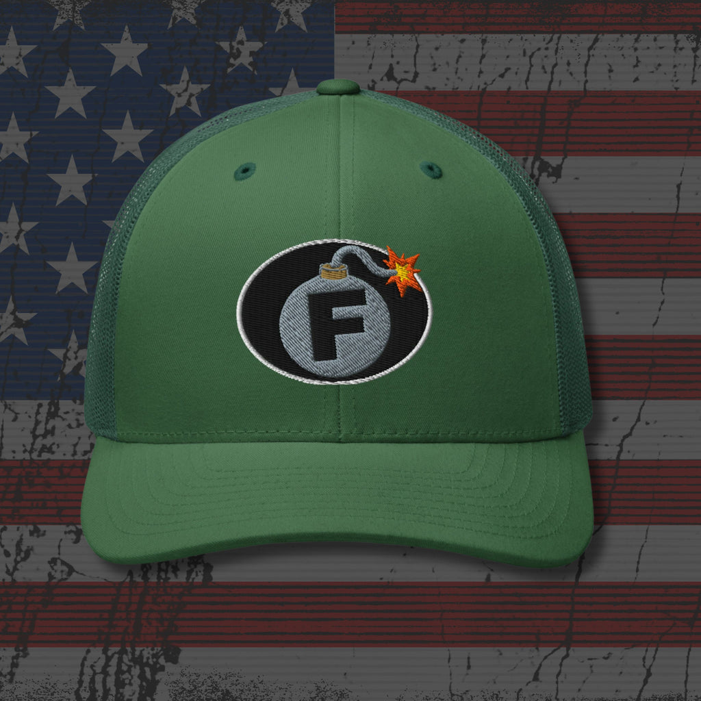 Green cap with a logo featuring a bomb and letter 'F' on an American flag background