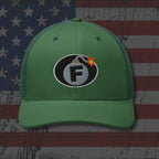 Green cap with a logo featuring a bomb and letter 'F' on an American flag background