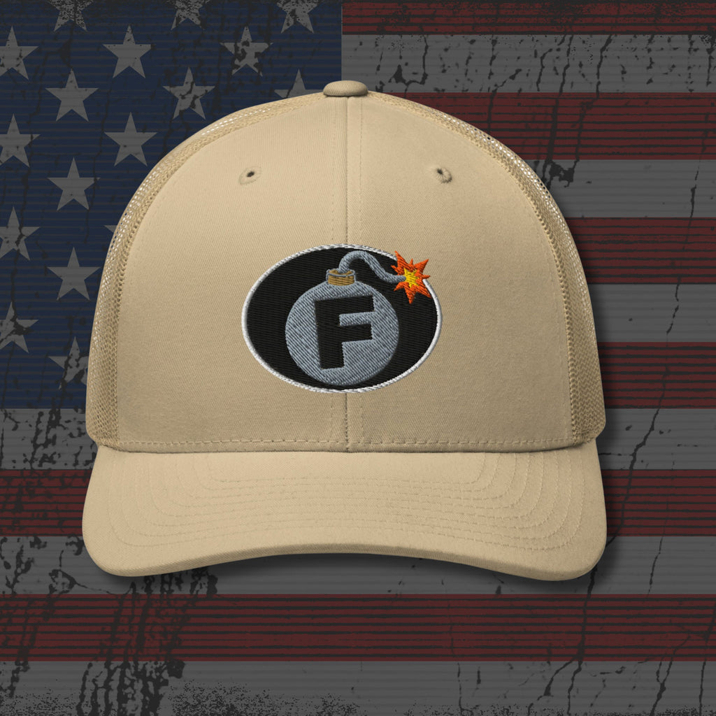 Beige cap with a graphic design on an American flag background
